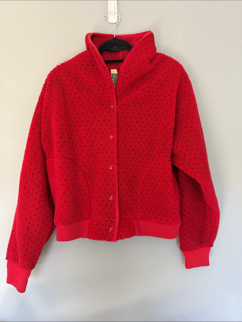 Vintage LL Bean Red Polka Dot Sherpa Fleece Jacket - Deep Pile Bomber Size M